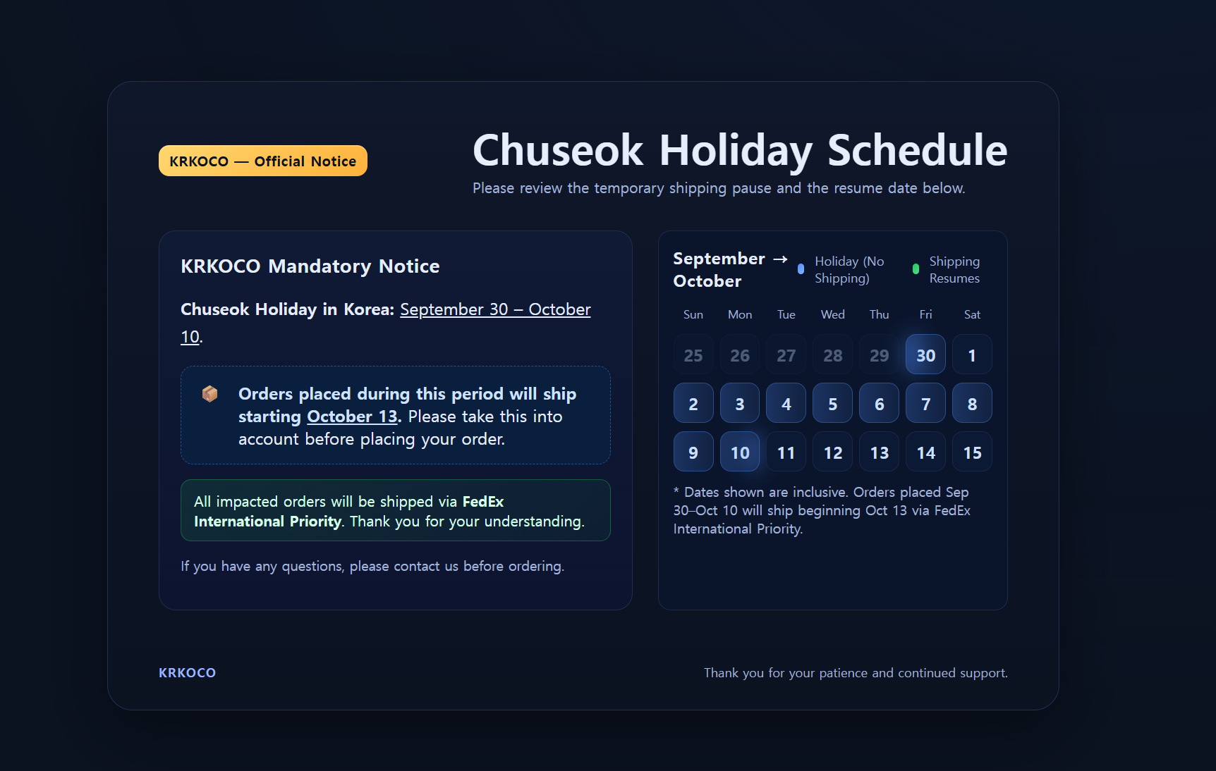 Chuseok Holiday Schedule