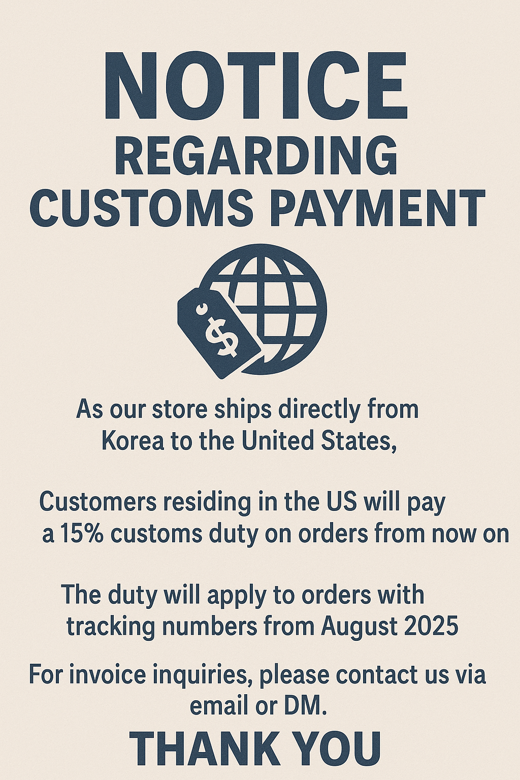 NOTICE – CUSTOMS DUTY&nbsp;🇰🇷✈️🇺🇸