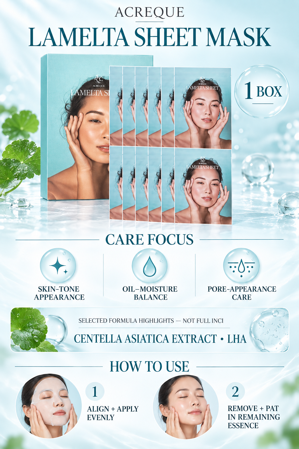 ACREQUE Lamelta Sheet Mask, 1 box — evidence-backed care focus and directions