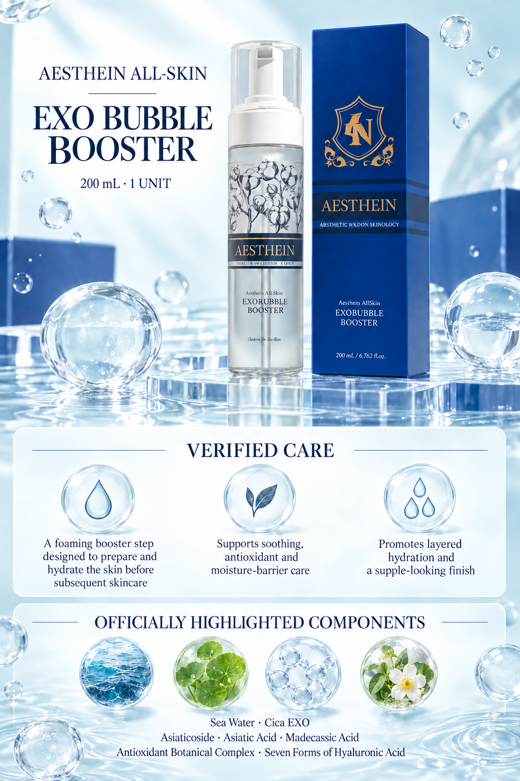 AESTHEIN All Skin Exo Bubble Booster 200 mL, 1 unit, with verified care highlights and selected official components