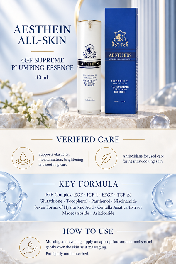 AESTHEIN All Skin 4GF Supreme Plumping Essence 40 mL with verified care highlights, selected key formula and directions