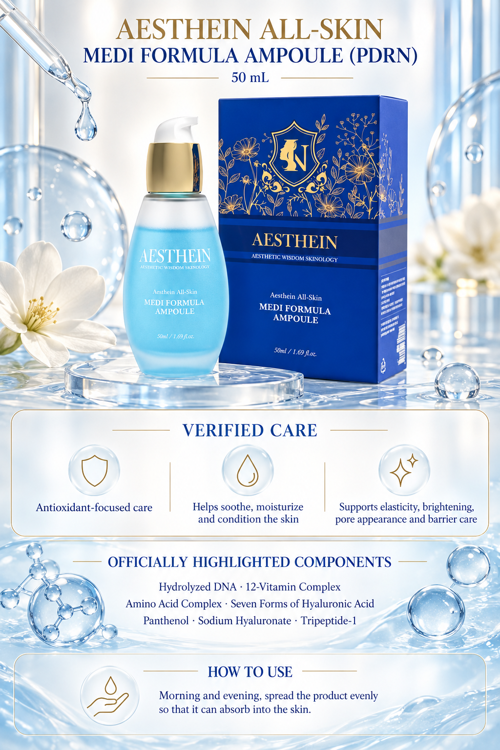 AESTHEIN All Skin Medi Formula Ampoule PDRN 50 mL with verified care highlights, selected official components and directions