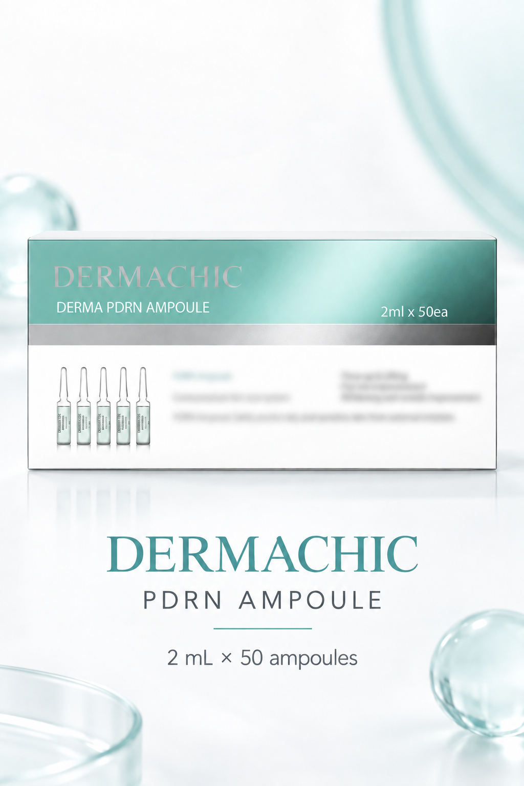 DERMACHIC PDRN Ampoule 2 mL x 50 ampoules on a clean aqua-accent detail layout