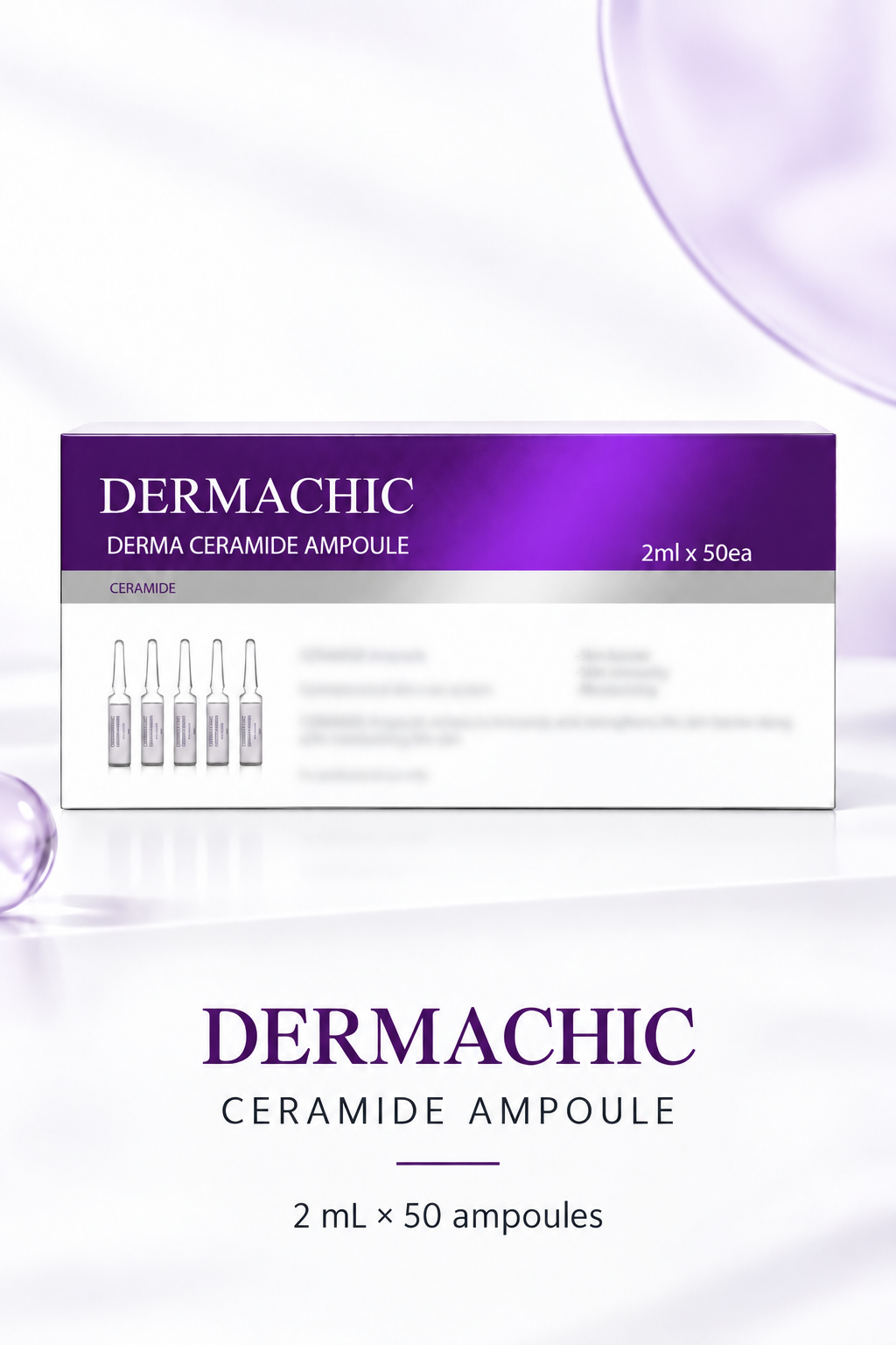 DERMACHIC Ceramide Ampoule 2 mL x 50 ampoules on a clean purple-accent detail layout