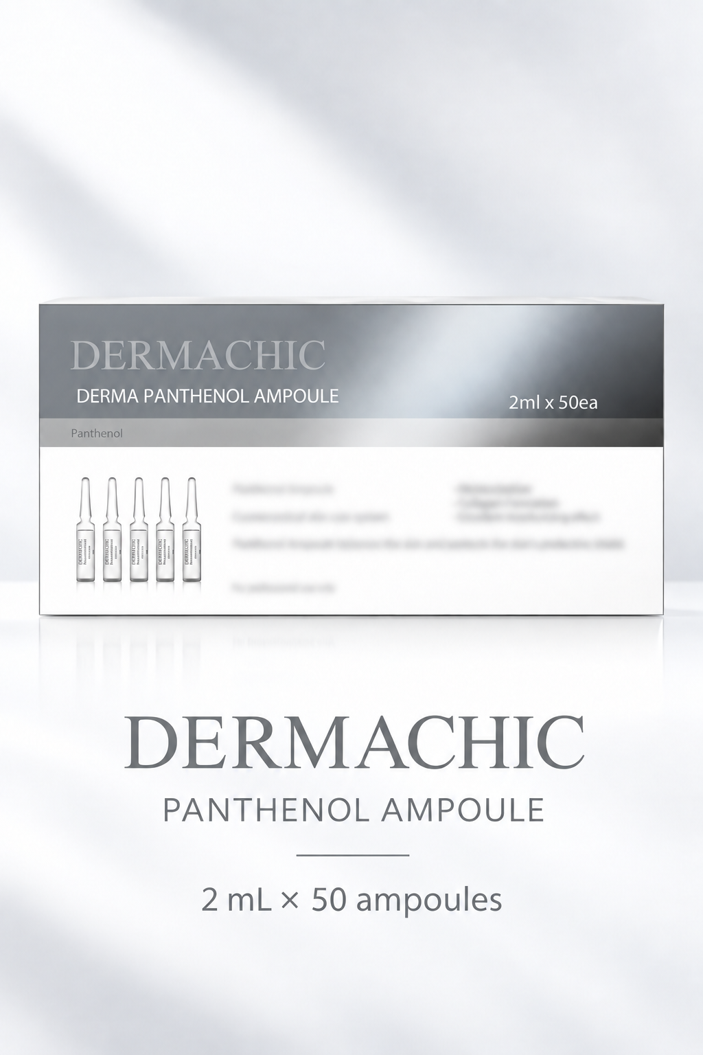 DERMACHIC Panthenol Ampoule 2 mL x 50 ampoules on a clean silver-gray detail layout