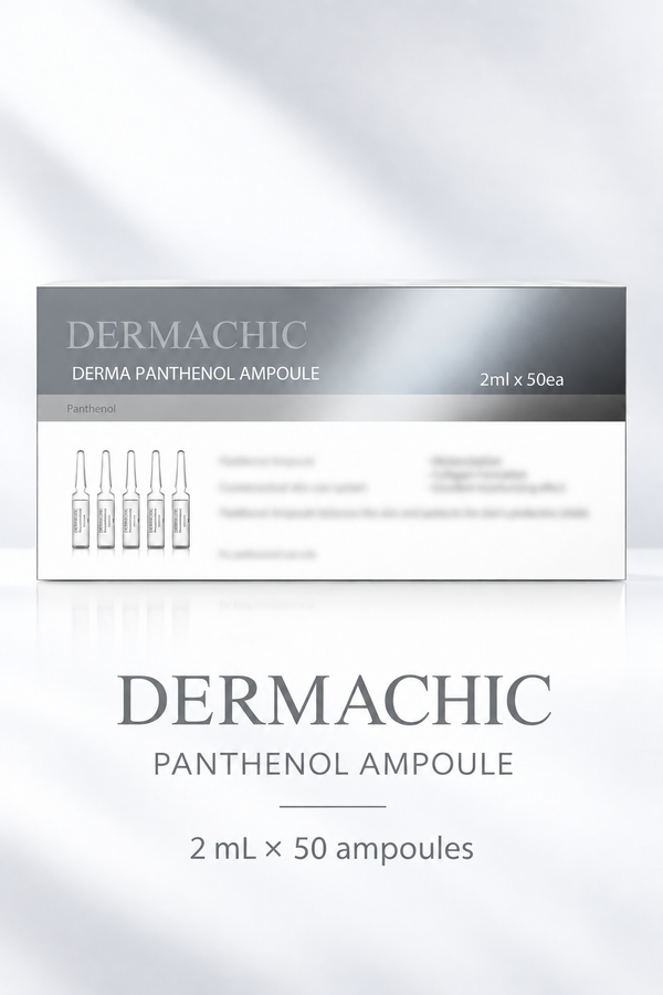 DERMACHIC Panthenol Ampoule 2 mL x 50 ampoules on a clean silver-gray detail layout