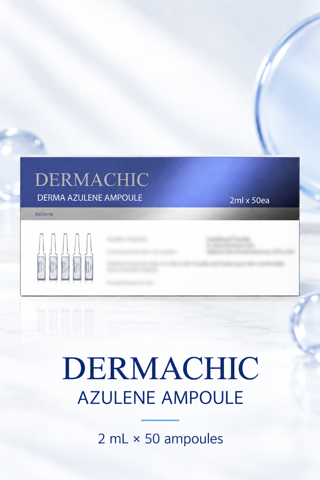 DERMACHIC Azulene Ampoule 2 mL x 50 ampoules on a clean blue-accent detail layout