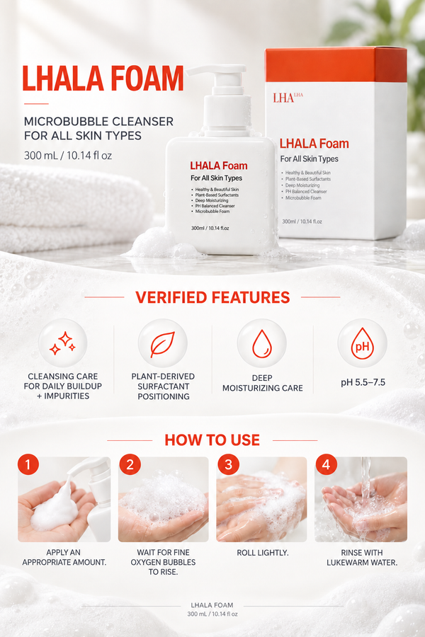 LHALA Foam 300 mL microbubble cleanser — evidence-backed features and directions